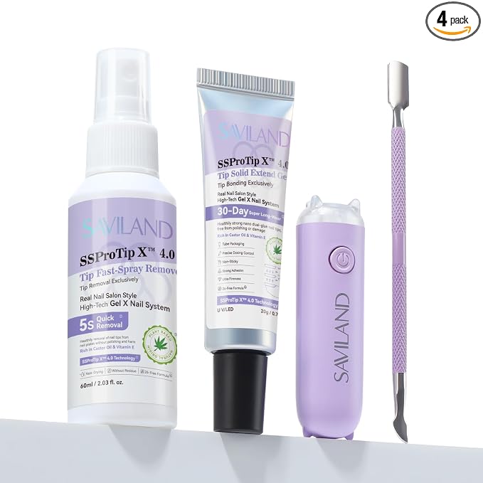 SAVILAND Solid Nail Glue Gel Kit, 20 g Glue, 60 mL Remover and UV Lamp | 60 mL fast-spray remover, 60-second lamp cure, castor oil and vitamin E, complete press-on solution for home and travel