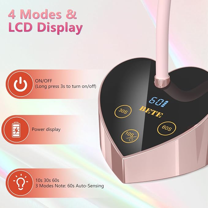 BETE Mini UV Nail Lamp Flash Cure Gel Nail Polish, 360° Foldable Gooseneck UV LED Nail Lamp with Smart Sensor, USB Portable Cordless 30W Rechargeable Nail Dryer with 3 Timers for Salon Home DIY