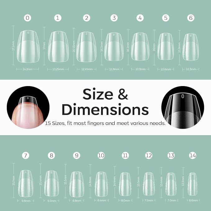 Modelones Extra Short Coffin Nail Tips 510pcs Pre-etched Soft Fake Nails | Half Matte Full Cover Clear Acrylic Gel Kit False Press on Nails for Extension DIY Salon 15Sizes
