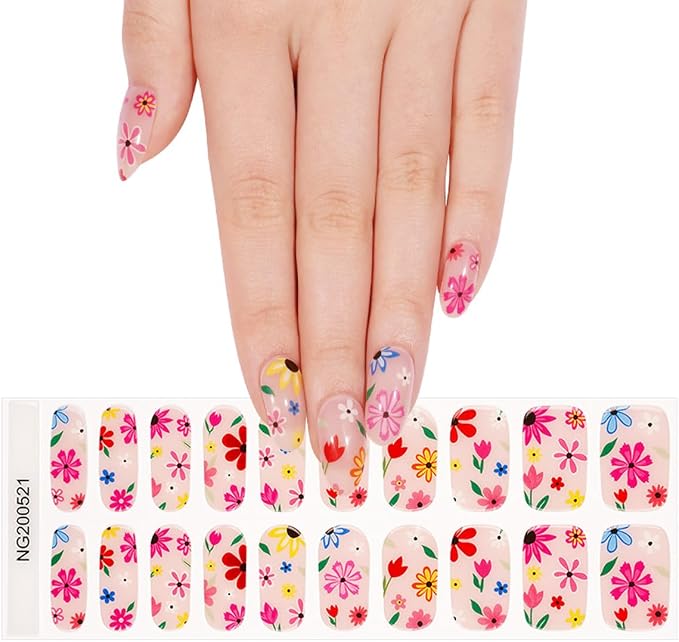 Summer Semi Cured Gel Nail Strips - 20Pcs Cute Flower Nail Wraps, Long Lasting Salon-Quality Stickers, Includes Nails File & Wooden Stick - UV/LED Lamp Required