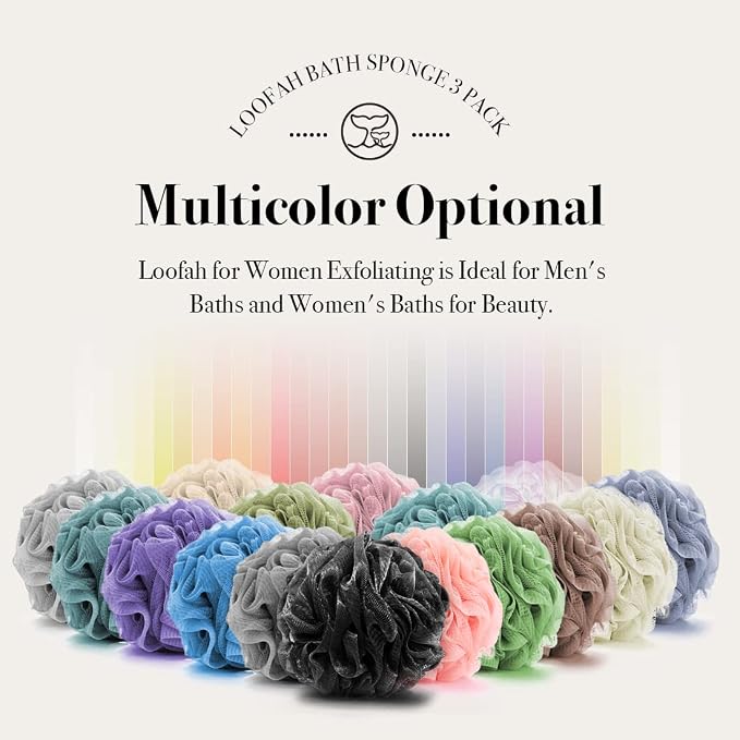Bath Loofah Sponge for Shower Body Scrubber for Women Men 4Pc Mixed Colors | 10X Suds Save Body Wash Double Knotted Anti Tear Core Fast Dry Cotton Loop Stay Fresh Large Mesh for Sensitive Skin
