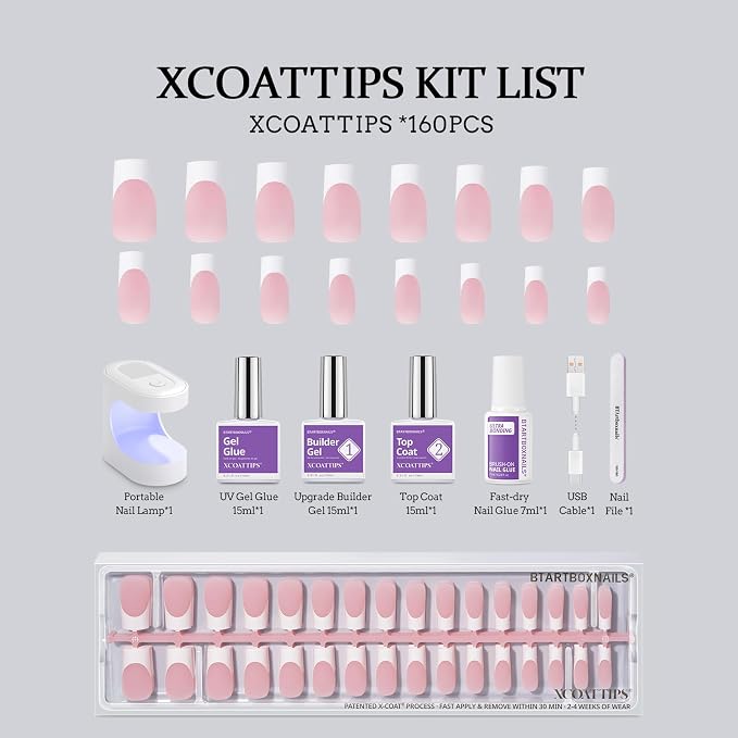 BTArtboxnails XCOATTIPS White French Tip Press On Nails, L Square, Pink | Lamp-Curable, 4-Week Wear, Salon Quality Value at Home, 160 Nail Tips, Glue, Builder Gel, Top Coat, Nail Lamp, All-in-one Kit