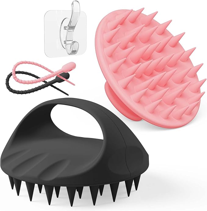 Manmihealth Large Hair Scalp Scrubber, One-piece Silicone Scalp Massager | Long Bristles Shampoo Brush for Dandruff Removal and Hair Growth with Hang Strap, Wet Dry Use (Pink+Black)