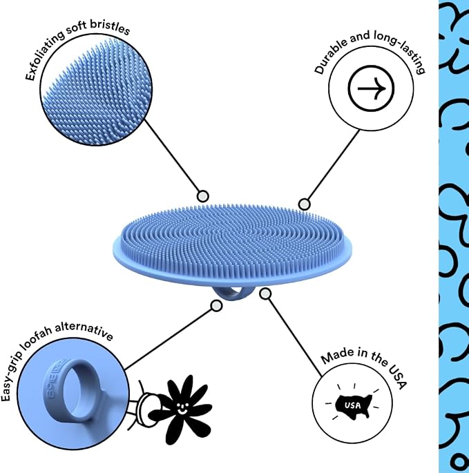 Boie USA Loop Body Scrubber - Soft Silicone-Like Exfoliating Shower Scrubber, Body Cleansing Brush - Hang-to-Wall Loofah Replacement - Antimicrobial Body Exfoliator for All Skin Types (Blue)