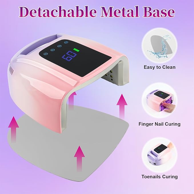 96W Rechargeable UV LED Nail Lamp, Cordless UV Light for Nails with LCD Display Auto Sensor, 4 Timer Setting and Smart Sensor Nail Dryer,Nail Cure Light with Removable Bottom（Pink Purple）
