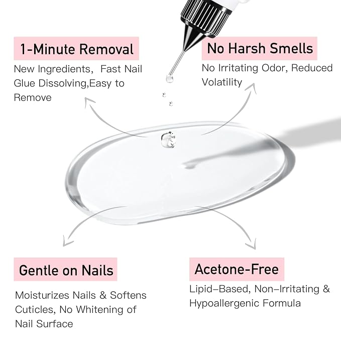 Curvlife Pinpoint Nail Glue Remover for Press on, 60ml Nail Remover for Nails Tips, Gentle Glue Remover for Gel x Nails, Non-Acetone Nail Polish Remover