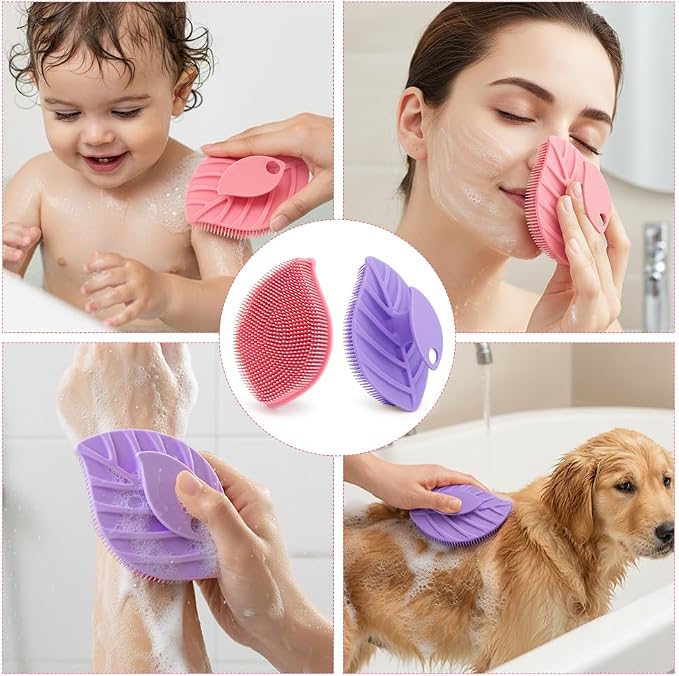 2 Pack Silicone Body Scrubber, Soft Silicone Loofah, Gentle Exfoliating Body Scrubber for Sensitive Skin, Leaf Shaped Shower Scrubbers, Silicone Scrubbers Body Brush for Women Men (Pink & Purple)