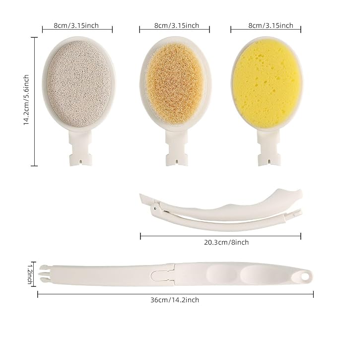 LFJ 19" Long Handle Shower Sponge Brush Set | 3 in 1 Body Brush, Bath Sponge and Lotion Applicator Improved Skin Health, Suitable for Men and Women, Foldable
