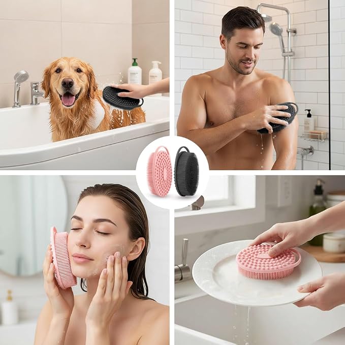 Silicone Body Scrubber 2 Pcs Silicone Loofah Exfoliating Body Scrubber for Men Women Soft Silicones Shower Scrubbers Double Sided Silicones Bath Bodys Brush for All Skin Lather Well, Black and Pink