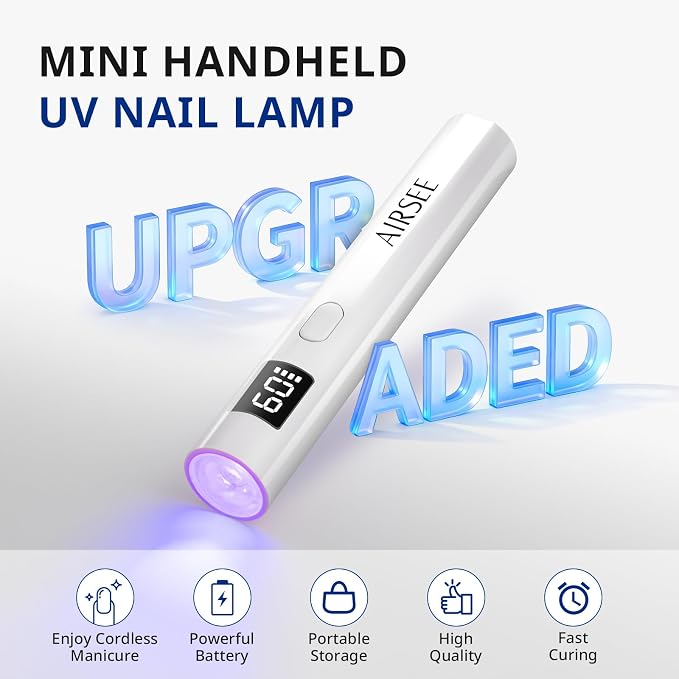 AIRSEE Mini Handheld UV LAMP for Nails with Storage Bag & Display,White | 2 Timers for Fast Cure All Soft Gels, Especially Rhinestone Glue and Gel Nail Strips at Home,Travel