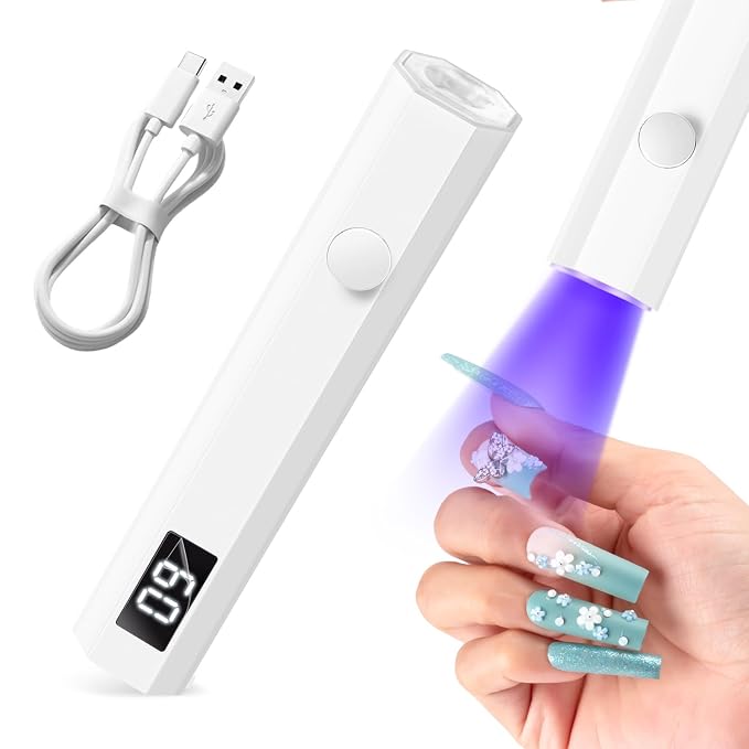 mlogiroa Mini UV Light for Nails with 2 Timer Settings | LCD Display, 20s/60s Timers, Handheld, Portable, 3W, 180mAh, 395-405nm UV Light, Suitable for Travel, Home, DIY, Salon