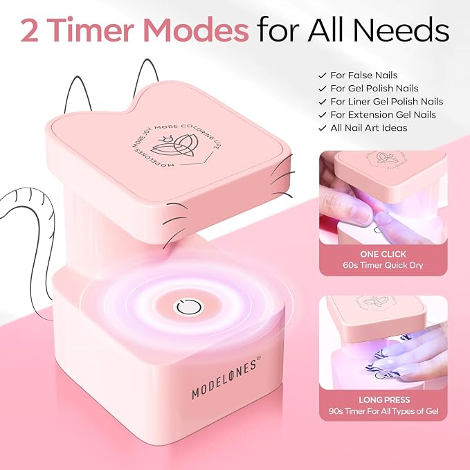 modelones Mini UV Light for Gel Nails Flash Curing 2 Timers | Pink UV Light for Gel Nails Fast Extension System, Portable Manicure UV LED Light for Gel Nail Polish DIY Nail Art