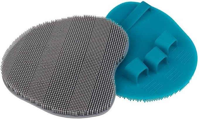 2 Pack Soft Silicone Shower Brush, Bath Exfoliating Skin Massage Scrubber | Body & Face & Short Hair Wash, Dry Skin Brushing Glove Loofah, Fit for Sensitive and All Kinds of Skin (Blue+Gray)