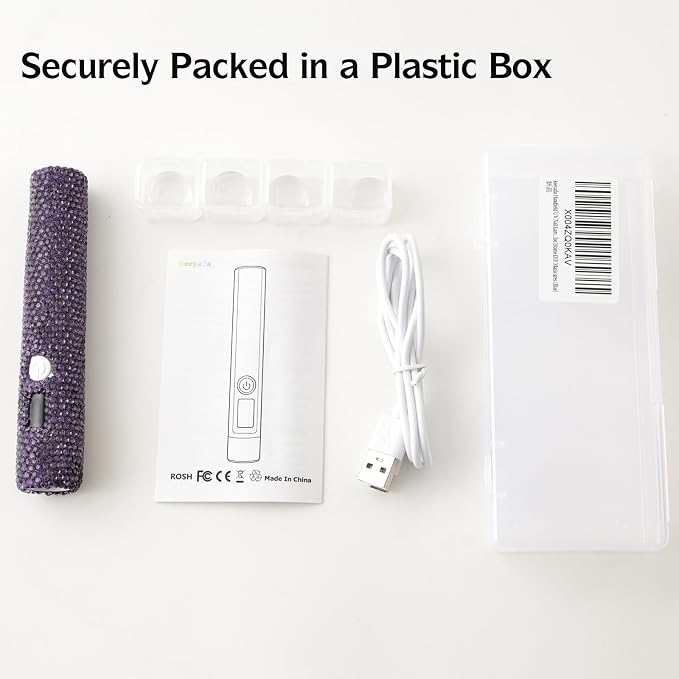 Handheld UV Nail Lamp with Sparkly Rhinestones Purple | 3W Portable LED Nail Lamp, Wireless Rechargeable USB Nail Dryer with Silicone Stamper, LCD Display, for Home DIY Manicures