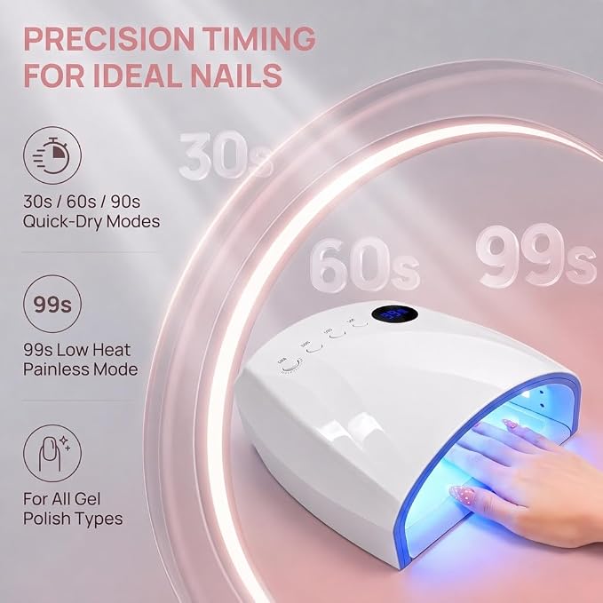 Cordless UV Nail Lamp, 96W UV LED Nail lamp for Gel Polish & Acrylic Nails, Fast Curing Nail Light with 4 Timers, Detachable Base, Auto Sensor, 45 LED Beads, Salon & Home Use (White)