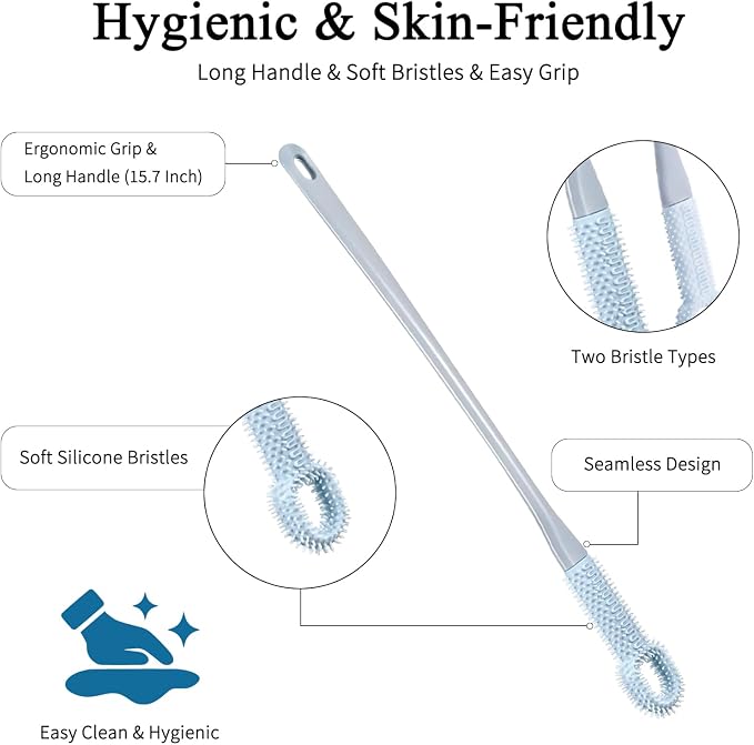2 Pack Toe Cleaning Brush with 15.7" Long Handle, Silicone Foot Scrubber & Exfoliating Anti-Itch Brush for Bath & Feet, No-Bend Long Reach Feet Cleaner for Seniors & Daily Living (Grey)