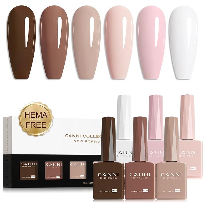 CANNI 9ML Gel Nail Polish Set 6 Nude Pink Shades UV LED Soak Off Gel Polish | Smooth Application • Highly Pigmented • Glossy Finish • Long-Lasting Wear • Nail Art • Salon DIY Manicure • Easy Application