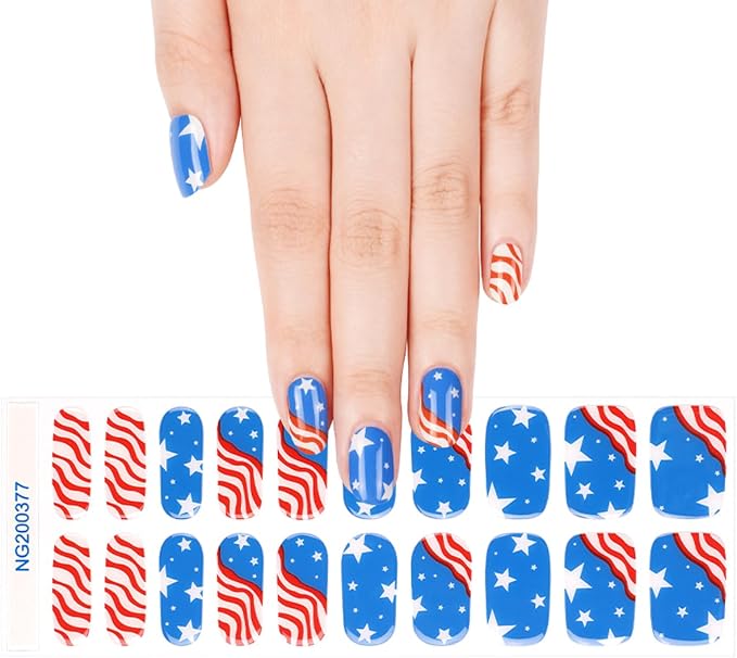 4th of July Nail Wraps - 20Pcs American Flag Nail Polish Strips, Patriotic Nail Stickers for Independence Day, Long Lasting Salon-Quality, Includes Nails File & Wooden Stick - UV/LED Lamp Required