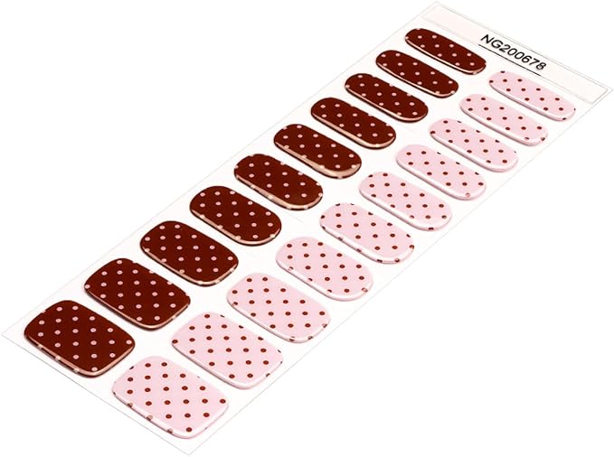 Polka Dot Semi Cured Gel Nail Strips - 20Pcs Brown & Pink UV Gel Nail Wraps with Polka Dots Design, Long Lasting Salon-Quality Stickers, Includes Nails File & Wooden Stick - UV/LED Lamp Required