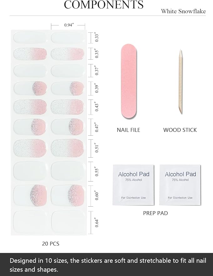 Semi Cured Gel Nail Strips (White Glitter), French, 20 Pcs Gel Nail Wraps, Stickers, Salon Quality, Works with Any UV Lamps