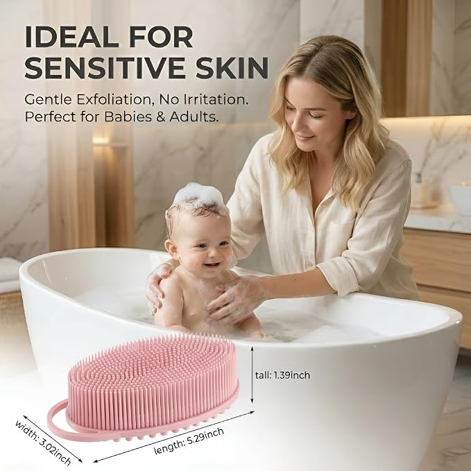 Silicone Body Scrubber, Exfoliating Loofah Alternative for Women Men, Soft Silicone Body Shower, 2 in 1 Bath and Shampoo Brush for Sensitive Skin, Back,Showering, Brush Exfoliator (Pink)