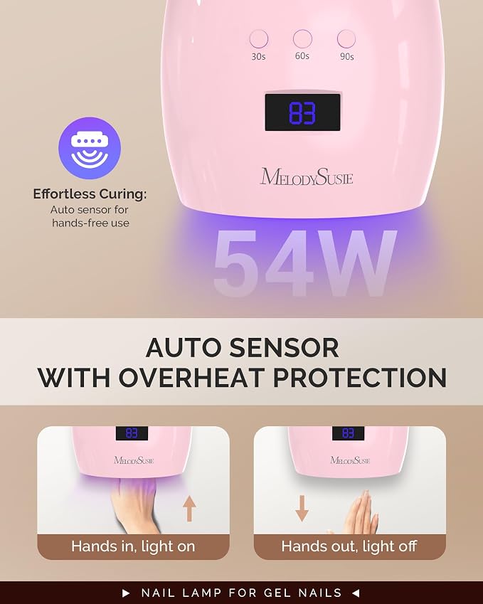 MelodySusie Detachable Base UV/LED Nail Lamp P-Plus30I for Hard Gel | 54W, 3 Timer Settings, Smart Sensor, LCD Display, 30 UV/LED Beads, Rhinestone Glue, Solid Nail Glue Gel, Liner Gel, Pink