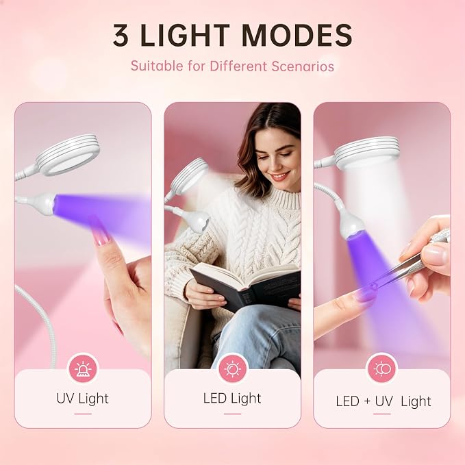 UV Nail Lamp with LED Lighting Fixtures, Single Nail Dryer | UV Light for Gel Nails, Flash Cure Nails Lamp, Gooseneck Clamp Home and Salon, 395+400nm White