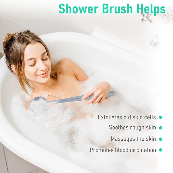KXF Silicone Back Scrubber for Shower Bath Body Brush with Long Handle Double Sided Exfoliating Shower Brush with a Hook and a Lanyard