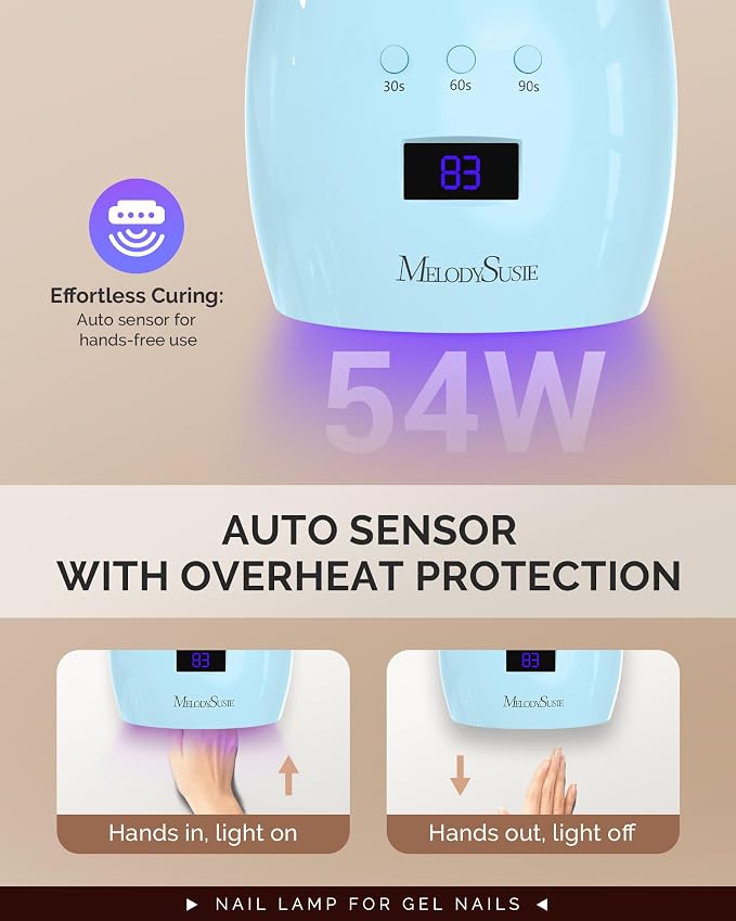 MelodySusie Detachable Base UV/LED Nail Lamp P-Plus30I for Hard Gel | 54W, 3 Timer Settings, Smart Sensor, LCD Display, 30 UV/LED Beads, Rhinestone Glue, Solid Nail Glue Gel, Liner Gel, Blue