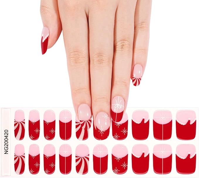 Christmas Semi Cured Gel Nail Strips - 20Pcs Xmas Hat UV Gel Nail Wraps with Snowflake & Bow Design, Long Lasting Salon-Quality Stickers, Includes Nails File & Wooden Stick - UV/LED Lamp Required