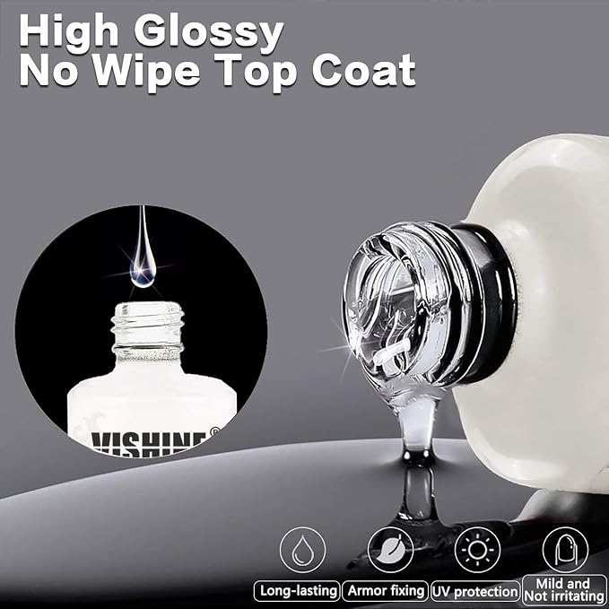 Vishine Top Coat- 15ML No Wipe Top Coat Gel Nail Polish High Gloss Shine Finish Long Lasting Home DIY Professional Manicure