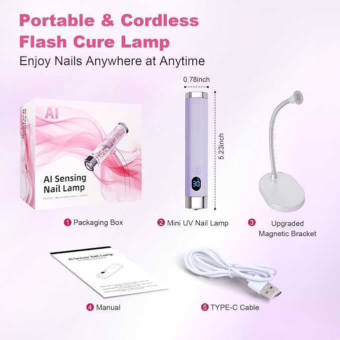 Mini Nail Lamp for Gel Nails with AI Sensor & Magnetic Stand,Rechargeable | Handheld or Handsfree Use,Flash Cure Nail Lamp for Gel X & Press on Nails,Gooseneck UV Light with LCD Display & 30/60s Timer