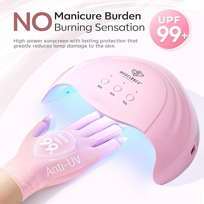 modelones UV Gloves for Gel Nail Lamp, Pink UV Gloves for Gel Manicures | Professional UPF50+ UV Protection Gloves for Manicures Art Skin Care Fingerless Gloves