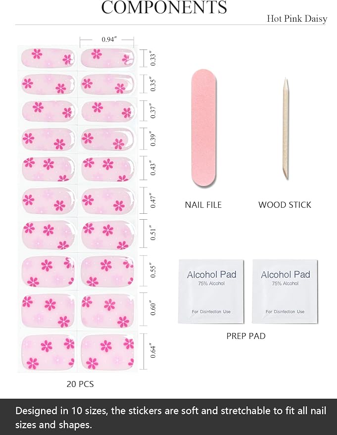 Semi Cured Gel Nail Strips (Hot Pink Daisy), 20 Pcs Gel Nail Wraps, Stickers, Salon Quality, Sun-Cured or UV-Cured