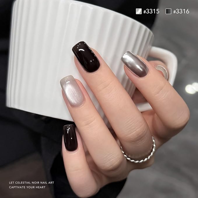 GAOY Black and White Gel Nail Polish Set 6 Colors, Cat Eye Gel with Magnet | UV Lamp Required, Holographic Glitter Glass Cateye, Holiday Halloween Nail Art, Salon Gel Manicure Pedicure