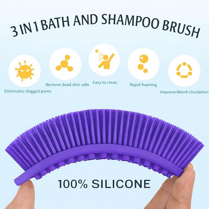 All-in-One Exfoliating Shower Brush – Gentle Silicone Loofah for Sensitive Skin with Dual-Purpose Scalp Massage for Spa-Quality Showers Daily (1pck) (Purple)