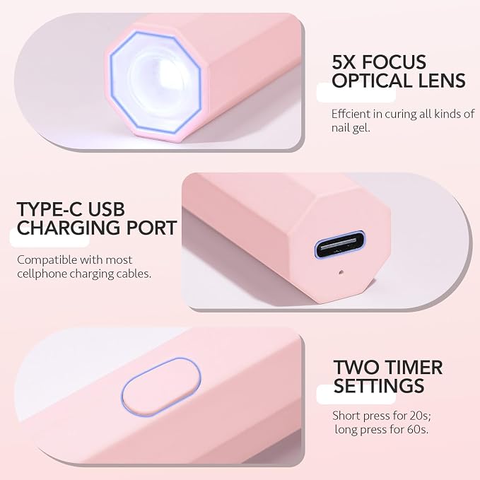 GAOY Handheld UV Light for Gel Nails, Mini Nail Lamp, Octagon Pink | Portable, Cordless, Rechargeable, Fast Curing