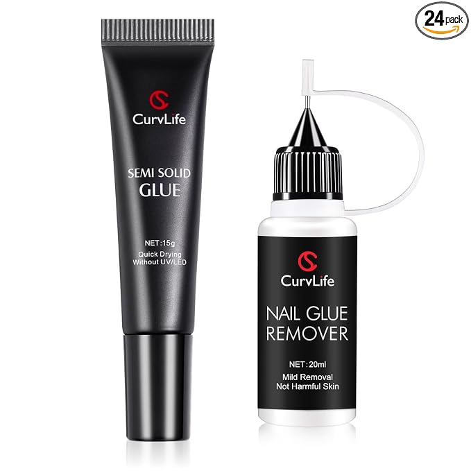 Curvlife 15g Semi-Solid Glue Gel and 20ml Pinpoint Glue Remover Kit for Press on Nails, Quick Dry No UV Lamp Needed with Gentle Non-Acetone Remover For Fake Nail Tips