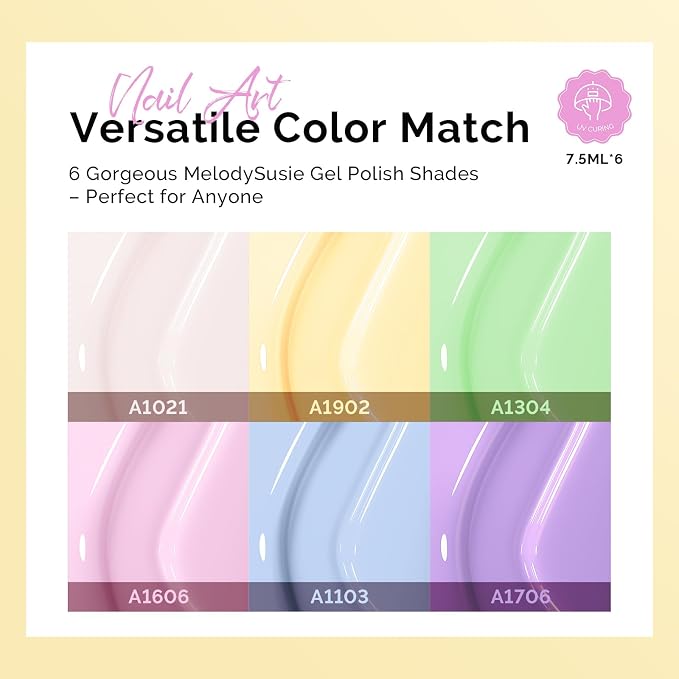MelodySusie Macaron Pastel Gel Nail Polish Set - 6 Colors Pink Yellow Blue Green Purple White Soak Off UV LED Gel Polish Gift for Women Nail Art Manicure Salon DIY Nail Design Decoration at Home
