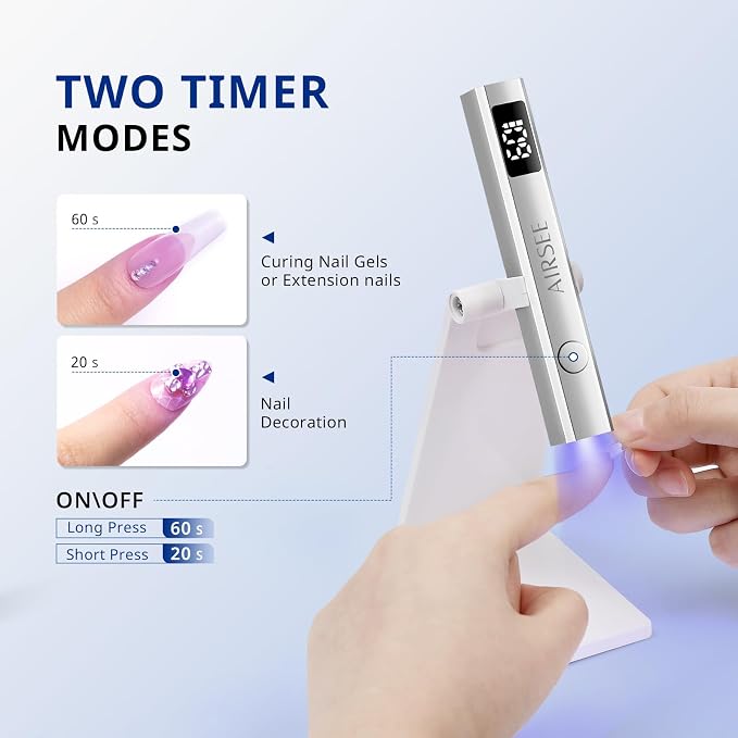 AIRSEE Cordless Mini Nail Lamp with Display & Stand for Gel Nail,Sliver | 2 Times & Rechargeable, USB Nail Dryer for Fast Cure,Rhinestone Glue Decoration,Gel Nail Strips