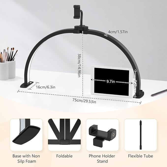 Yokilly Half Moon Light for Nail Desk: 29" Foldable Nail Light for Desk | AB Diamonds Arch Nail Tech Light with Phone Holder for Beginner - 3 Color Modes & 10 Brightness for Manicure Salon-Black