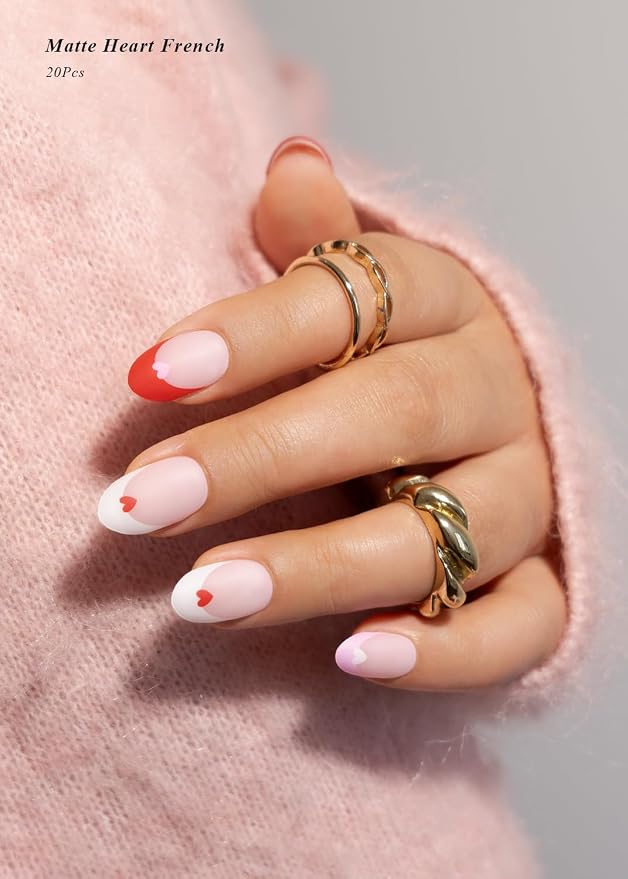 Semi Cured Gel Nail Strips (Matte Heart French), Valentine's Day French, 20 Pcs Gel Nail Wraps, Stickers, Works with Any UV Lamps