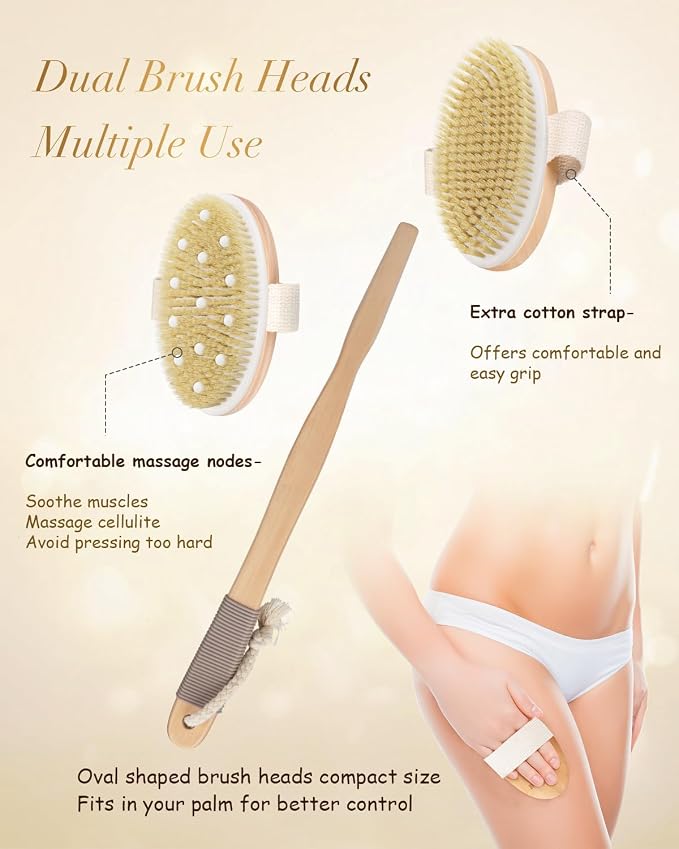 POPCHOSE Dry Brushing Body Brush, Back Scrubber for Shower Dual Heads | Body Scrub Benefits: Supports Cellulite Treatment and Lymphatic Drainage with Long Handle, Detachable Design