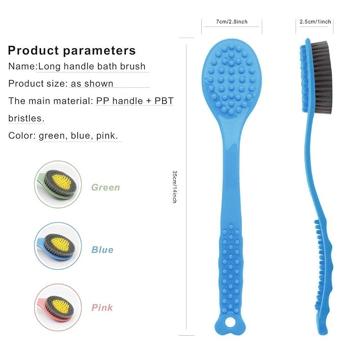 QiCheng&LYS Bath Brush with Long Handle, Handheld Body Massage Brush Shower Back Scrubber-14inch (Blue)