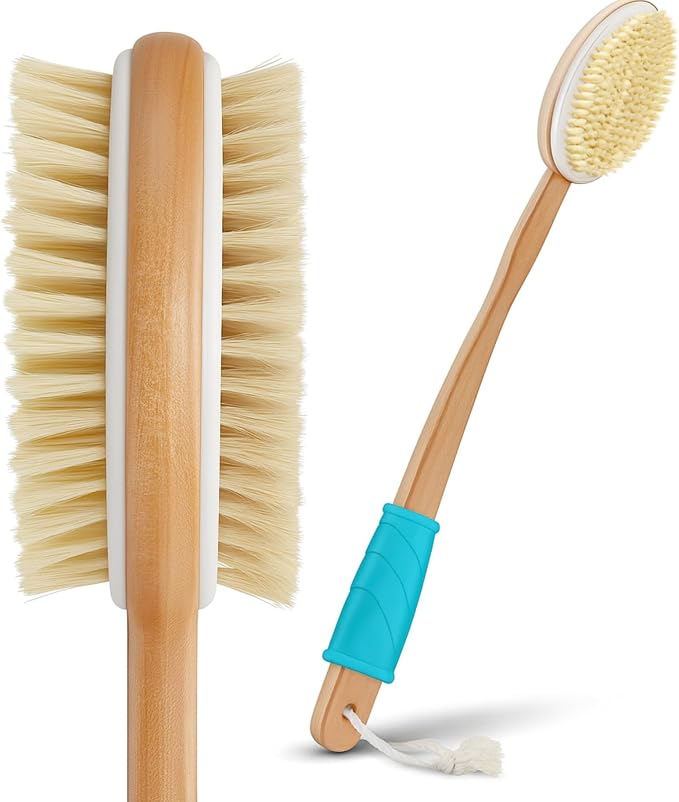 Vive Back Scrubber for Shower – Long Handle Dry Brushing Body Brush | Soft & Stiff Bristles – Exfoliating Shower Loofah & Bath Scrubber Cleaner for Women, Men, Elderly – Antiskid Grip