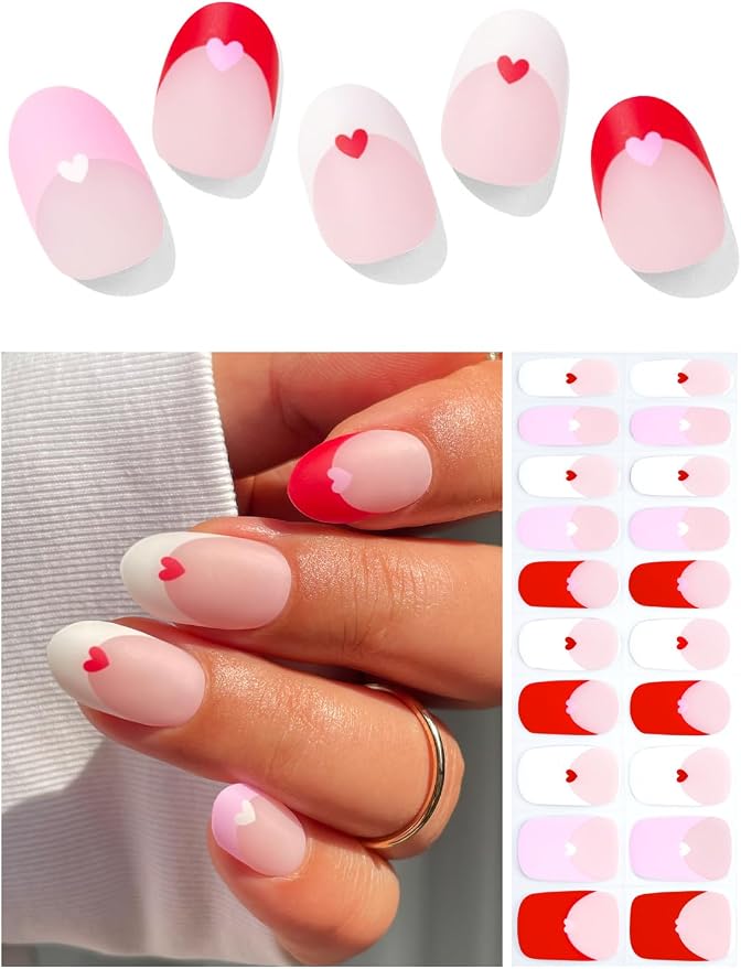 Semi Cured Gel Nail Strips (Matte Heart French), Valentine's Day French, 20 Pcs Gel Nail Wraps, Stickers, Works with Any UV Lamps