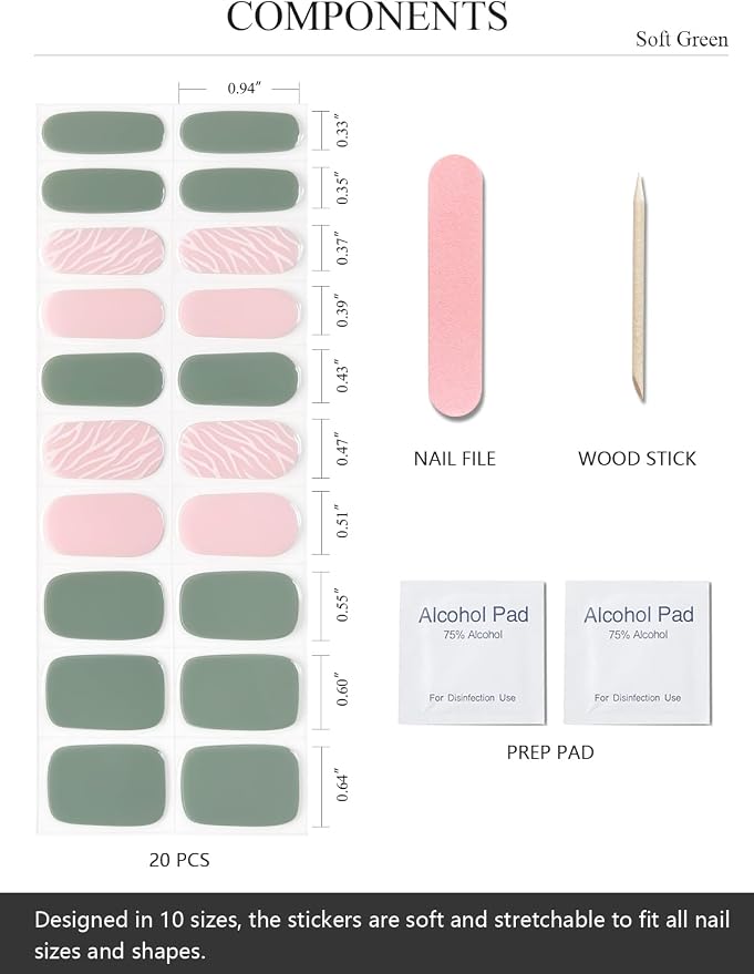 Semi Cured Gel Nail Strips (Soft Green), 20 Pcs Gel Nail Wraps, Stickers, Salon Quality, Works with Any UV Lamps