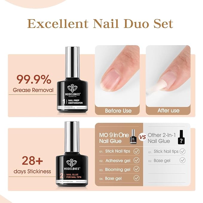 modelones 9-in-One X Nail Gel Glue Prep Dehydrator Set for Nail Tips | Nail Glue Kit Works for False Press Ons Acrylic Bond Base Adhesive Blooming Gel U V Cured Long Lasting Home Nail Art Manicure