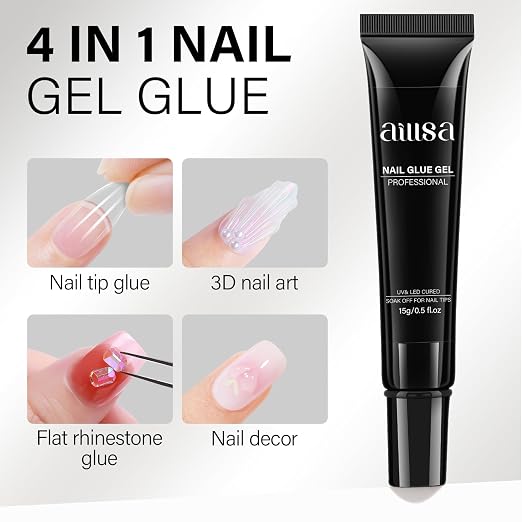 AILLSA Nail Gel Glue 2PCS Lamp Curing Needed Super Strong | Nails Tip Glues Semi-Solid Professional False Gel Nail Glue for Acrylic Nail Tips Press on Nails