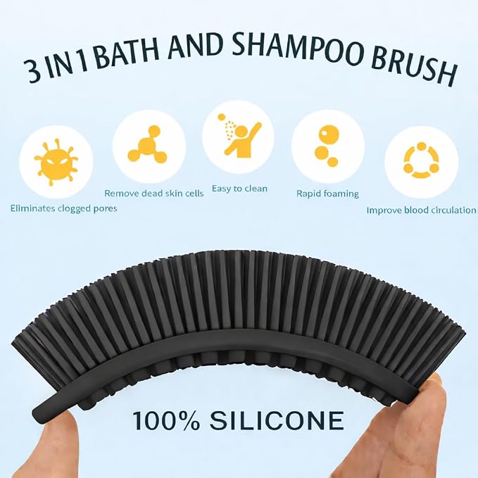 All-in-One Exfoliating Shower Brush – Gentle Silicone Loofah for Sensitive Skin with Dual-Purpose Scalp Massage for Spa-Quality Showers Daily (1pck) - Black